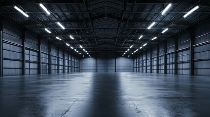 Fototapeta premium Empty warehouse interior, symbolizing potential and opportunity. Ideal for logistics, real estate, and industrial design projects.
