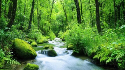 Lush Green Forest Stream Sunlight River