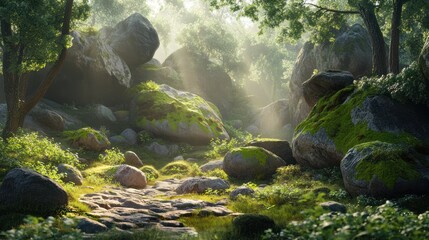 Fototapeta premium Sunlit mossy rocks, forest path, tranquil background, nature scene
