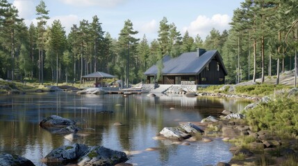 Obraz premium Lakeside Cabin Retreat: A Serene Escape in the Finnish Wilderness