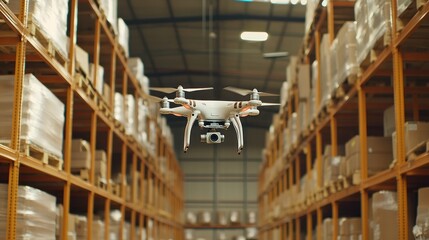 Fototapeta premium Drone Inspection in a Warehouse: Aerial View of Inventory Management