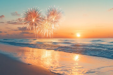 Fireworks illuminate the evening sky over a tranquil beach at sunset near the ocean