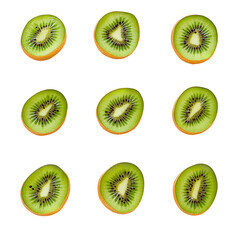 Fototapeta premium Nine Fresh Kiwi Slices Against a Black Background