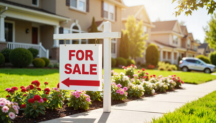 "For Sale" sign displayed near suburban home with blooming flowers, real estate