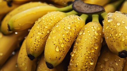 Close-up of fresh yellow bananas with water droplets
