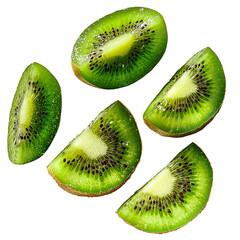 Fototapeta premium Fresh Kiwi Slices in Mid-Air Against a Black Background