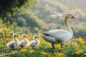 Obraz premium Family of ducks walking through a sunny meadow filled with yellow flowers in springtime