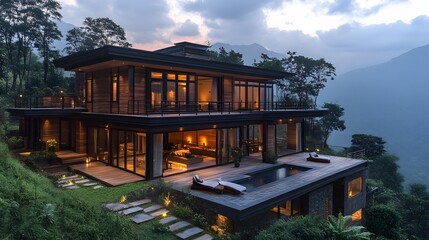 Obraz premium Sunset view of a wooden house on stilts, full wraparound balcony, warm lights glowing inside, open-air lower space