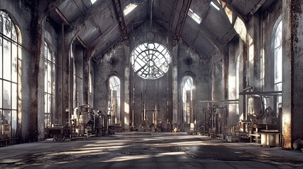 Fototapeta premium Ruined church interior, sunlight, machinery, decay, post-apocalyptic, game background