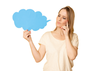 Young pensive woman in casual shirt with paper cloud standing isolated over transparent background. PNG transparent.