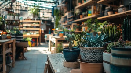 Fototapeta premium Outdoor pottery shop with handcrafted items in natural light