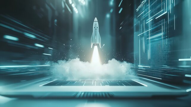 A rocket launching from a laptop, symbolizing digital innovation and rapid growth. Ideal for tech startups and software development.