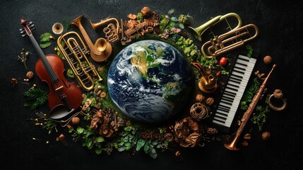 Naklejka premium A globe surrounded by musical instruments and nature elements on a black background.