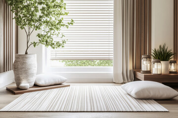 Cozy living space with natural elements and soft textiles in a modern setting