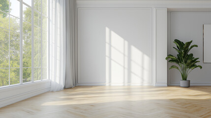 Fototapeta premium Modern, white, empty room with a parquet floor and a large window