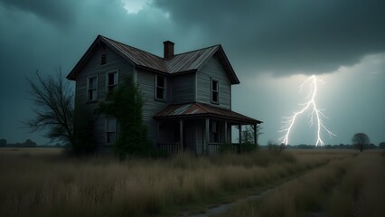 An abandoned farmhouse surrounded by tall grass under a stormy sky