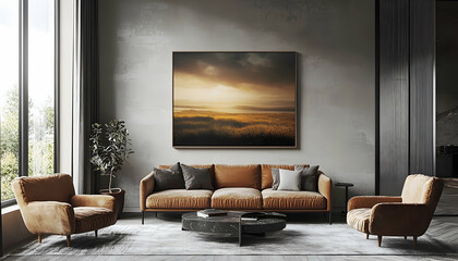 Illustration - Serene Sunset Landscape Art in Modern Living Room Interior