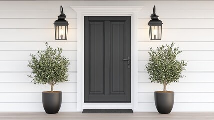 A modern farmhouse welcomes guests with a gray front door, potted olive trees, and stylish lantern lights on either side