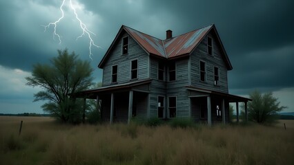 An abandoned farmhouse surrounded by tall grass under a stormy sky