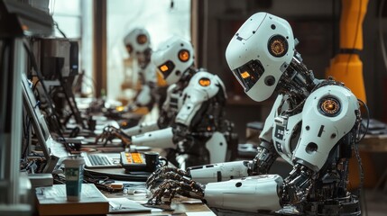 Fototapeta premium Futuristic Robots Working in a Modern Tech Facility