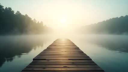 An empty dock leading into a foggy, still lake with soft shadows
