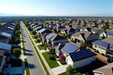 A bird's-eye view of a neighborhood with multiple houses, each featuring solar panels on their rooftops