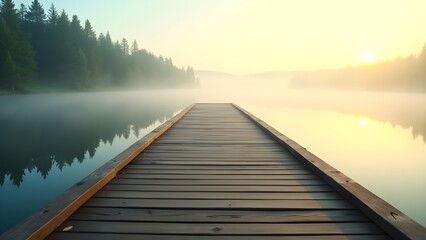 Fototapeta premium An empty dock leading into a foggy, still lake with soft shadows