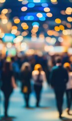 Blurred crowd at a busy event with colorful lights, ideal for event or conference backdrop