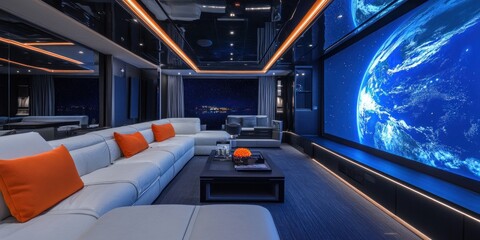 Obraz premium Luxury Yacht Home Theater: Immersive Nighttime Cinema Experience