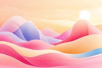 Colorful abstract landscape with soft hills and a warm sunrise in pastel hues