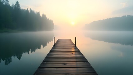 Fototapeta premium An empty dock leading into a foggy, still lake with soft shadows