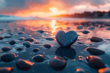 Fototapeta premium Heart-shaped stone on wet beach reflecting sunset colors near the ocean
