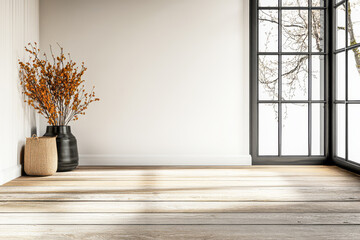 Bright indoor space with wooden floors and decorative plants near large windows