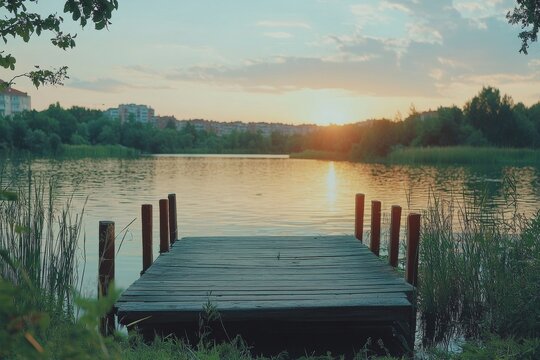 Scenic sunset view over a tranquil lake with a wooden dock surrounded by lush greenery in a serene environment
