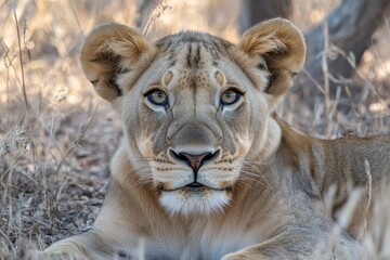 Obraz premium Majestic lioness resting under trees in the African savannah during daylight hours