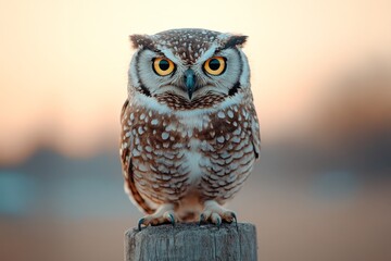 Fototapeta premium Majestic owl perched on a wooden post during a serene sunset in a natural landscape