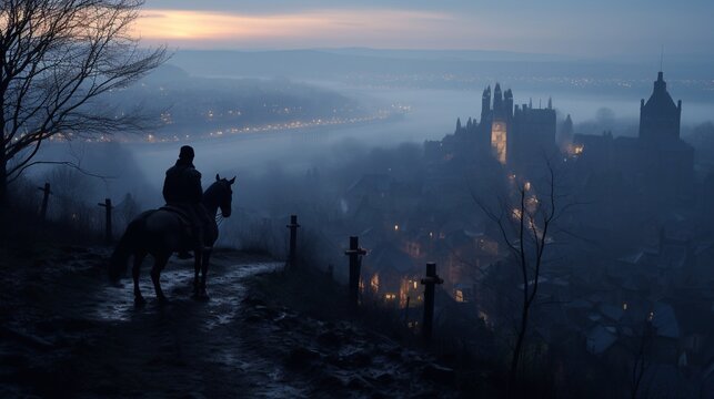 The era of romanticism. Portrait of a noble knight in armor with a red rose in his hands standing in a castle.