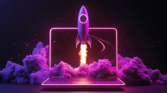 A rocket launching from a laptop screen, surrounded by neon purple smoke, symbolizing digital innovation and startup growth. Perfect for business, technology, and marketing themes.