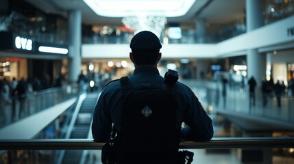 Fototapeta premium Security guard overlooks shoppers from a higher level.