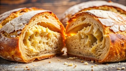Freshly baked bread with golden crust and soft interior being torn apart by sharp teeth , tearing, texture,  tearing