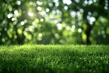 Naklejka premium Beautiful spring background with green grass and bokeh lights, banner design with copy space concept.