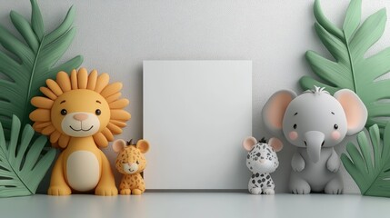 Cute cartoon animals with a blank canvas mockup in front of a white wall, ideal for displaying text, images, or designs.