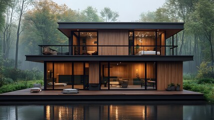 Minimalist architectural wooden home with a raised base, large balcony for scenic views, peaceful garden surroundings