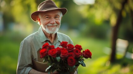 Elderly man in coat and hat with bouquet of red roses in autumn park