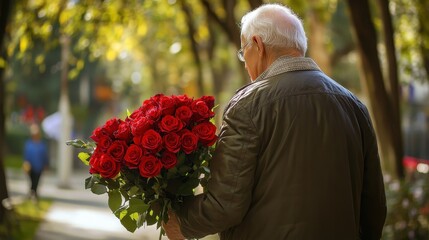 Elderly man in coat and hat with bouquet of red roses in autumn park