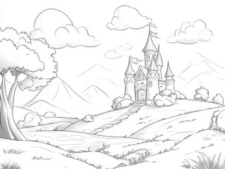 Obraz premium Majestic castle overlooking lush valley, a serene landscape of history and nature