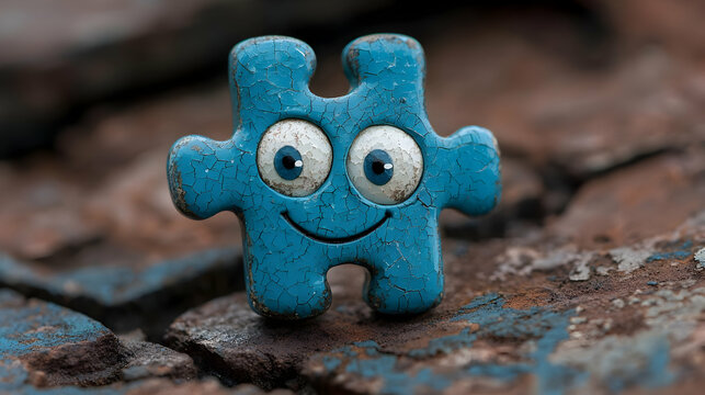 Happy puzzle piece on rusty metal; teamwork concept
