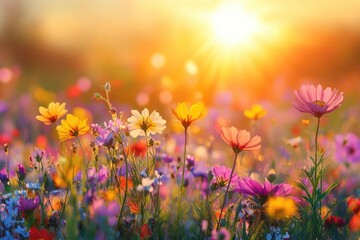 Summer meadow filled with wildflowers under a warm sun, with vibrant blooms swaying gently in the breeze, creating a lively and colorful summer scene.