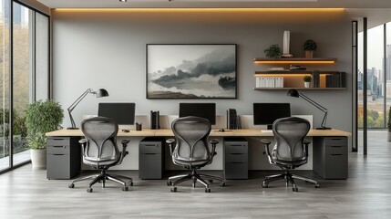 Fototapeta premium Modern office interior with three ergonomic chairs, desks, computers, and city view.
