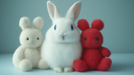 Fototapeta premium Fluffy bunnies studio shot, pastel background, Easter